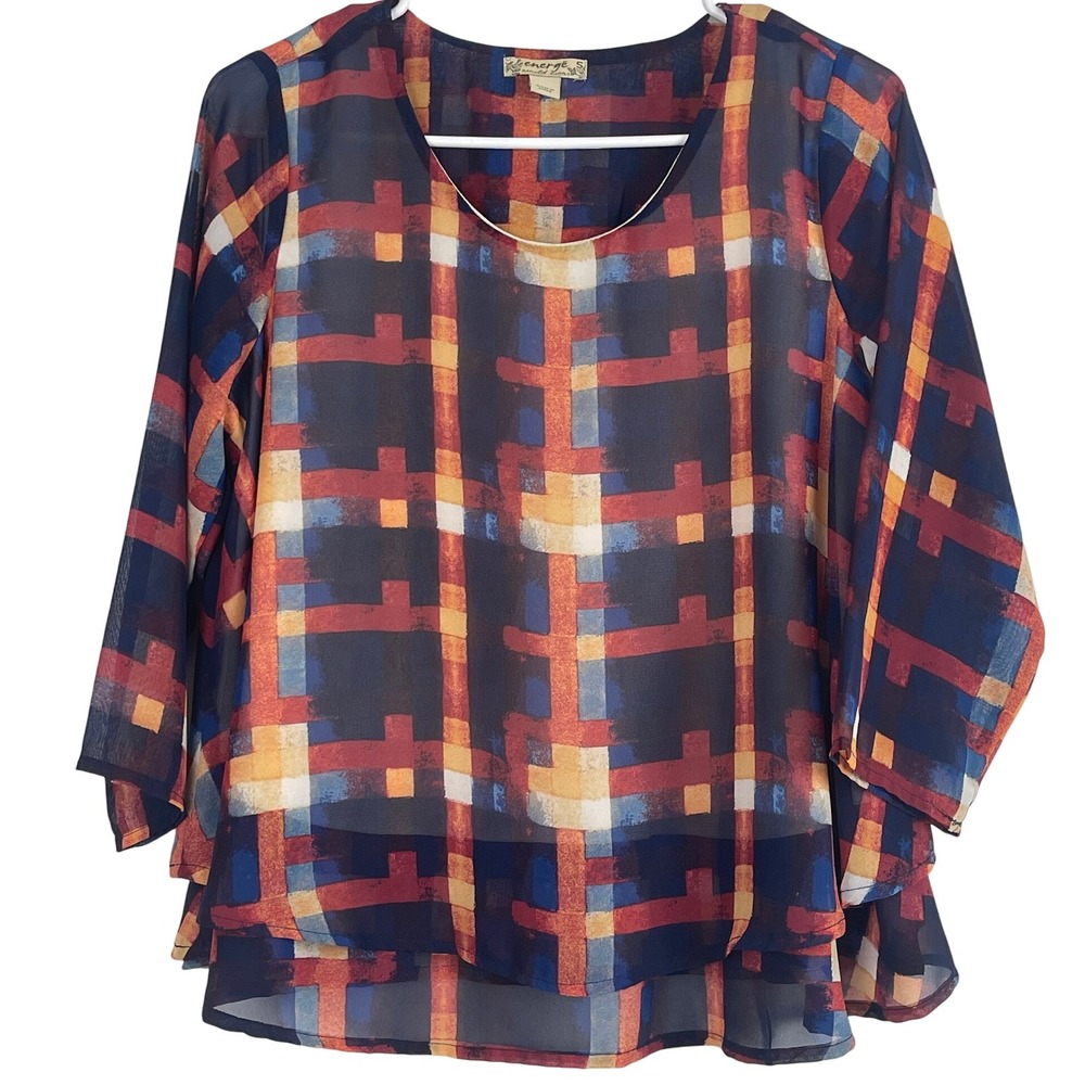 00718 Emerge World Wear Plaid Overlay Tunic Top‎ Women's Size S